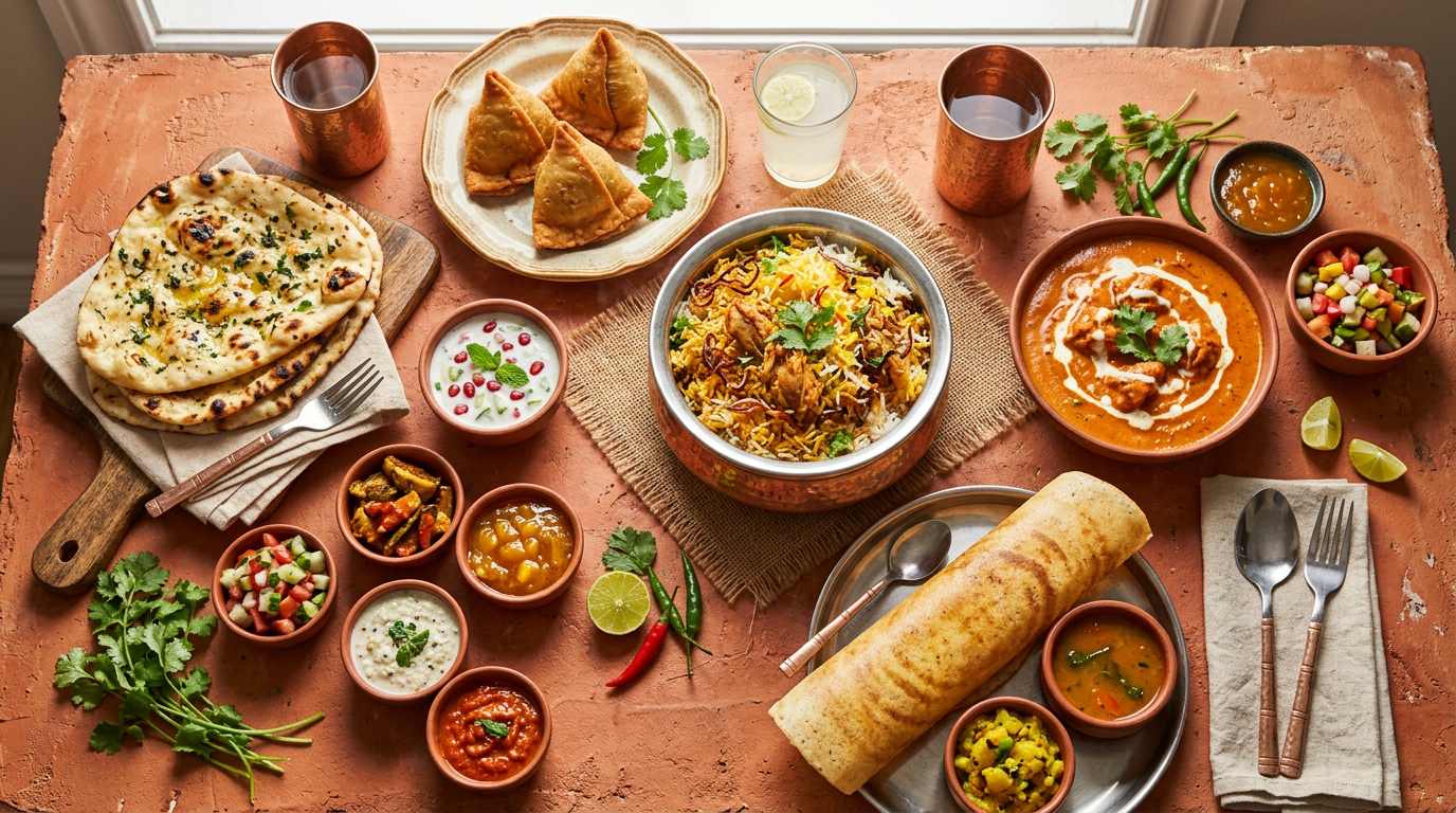 An Indian feast with biryani, curries and naan served in brass bowls